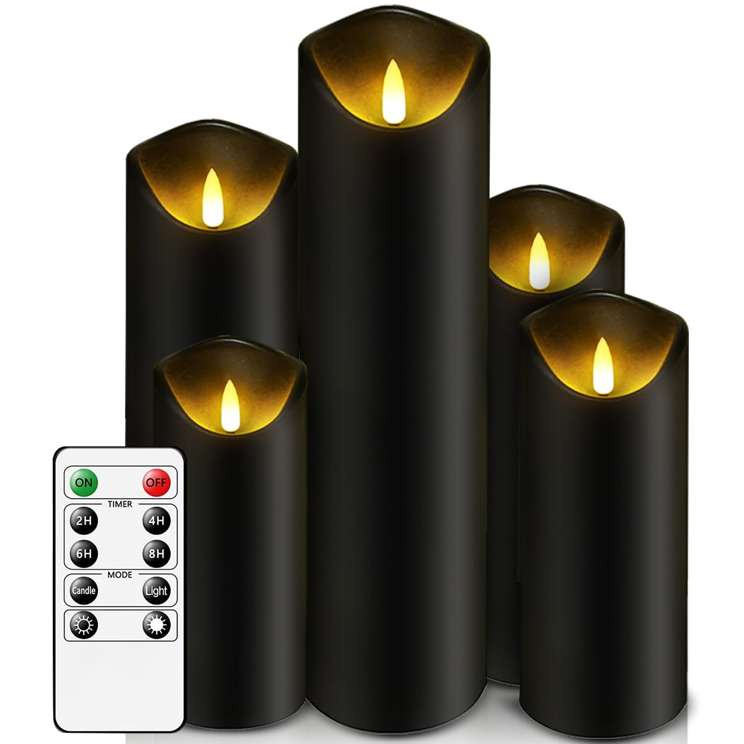 AiiBowy LED Velas sin Llama [5 piezas] Cera Real, No plastico, Velas al aire libre, llama parpadeante, Control remoto, Función de temporización, Ajustar las luces, Navidad, Cumpleaños - Negro