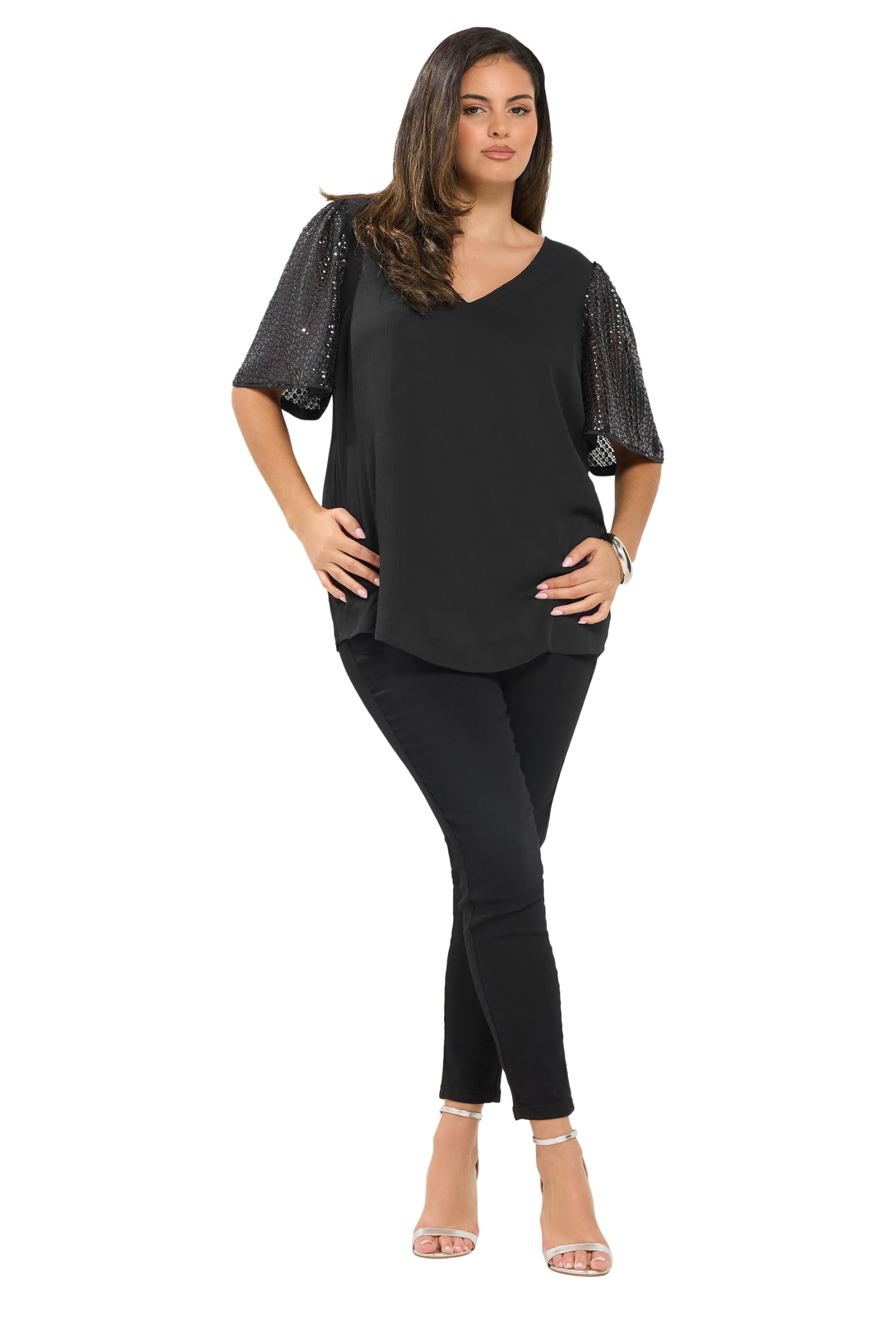 Yours Curve Sequin Sleeve Top - Women's - Plus Size Curve