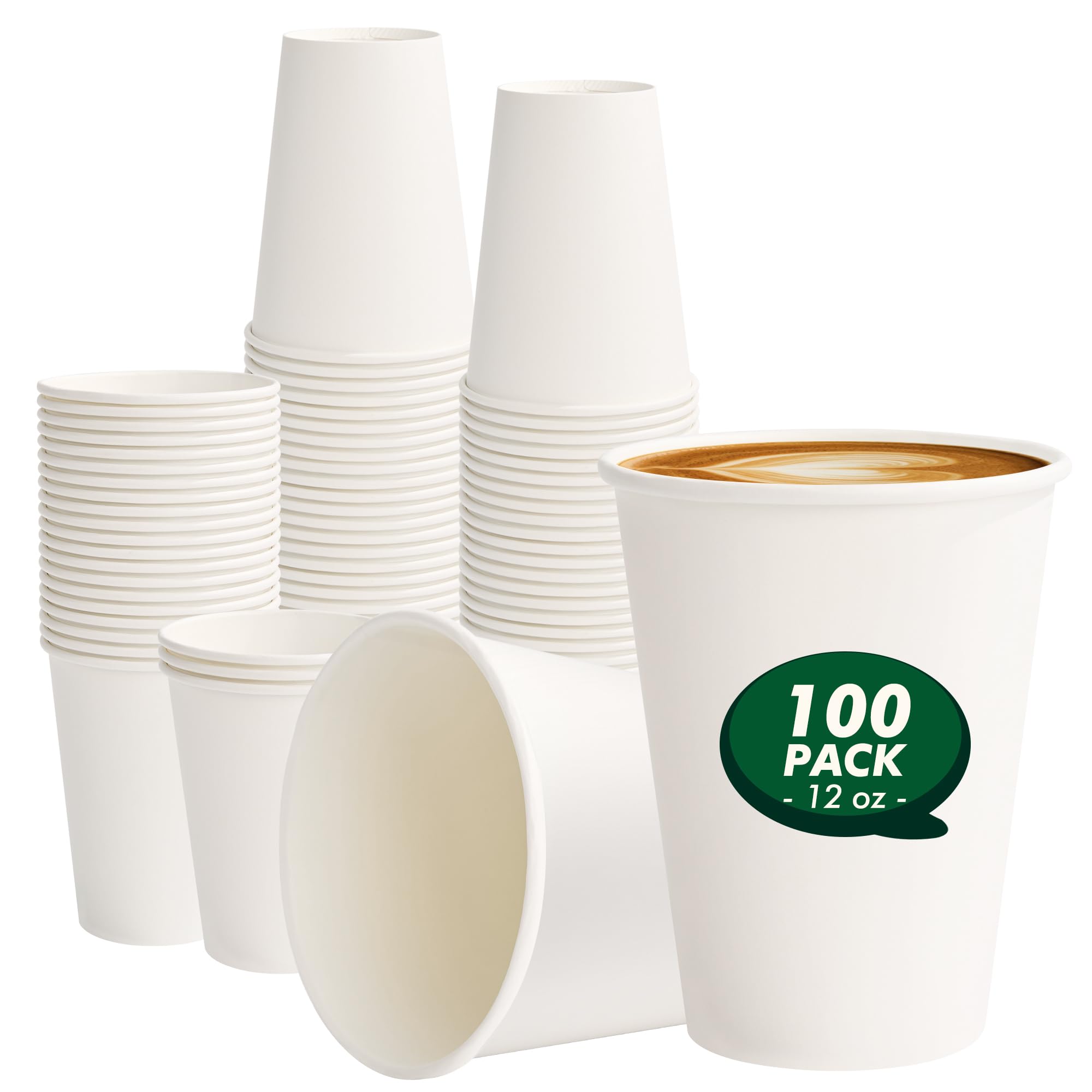 CELLURA Paper Coffee Cups 12 oz 100 Pack Disposable Hot Coffee Cup 12oz White To Go Cups for Hot Drinks, Coffee, Travel, Parties, Events