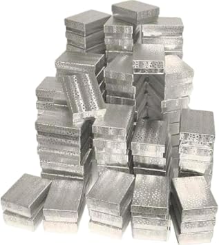 100 Silver Cotton Filled Boxes 3.25" x 2.25" x 1" for Jewelry and Gifts