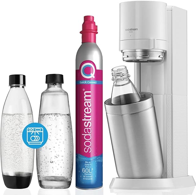 SodaStream Duo Sparkling Water Maker Machine, with 1 Litre Reusable BPA-Free Plastic Water Bottle + 1 L Glass Carafe for Carbonating & 60 Litre Quick Connect CO2 Gas Cylinder White