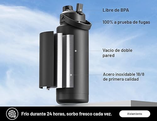 Miniatura 2 de POWCAN - Botella de agua térmica 2 en 1, sorbete y tapa con boquilla, antifugas, acero inoxidable sin BPA, apta portavasos automóvil, bebida fría 24
