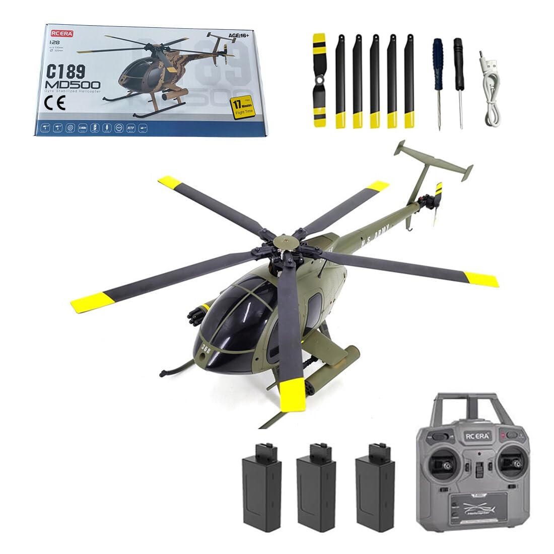 RC ERA MD500 C189 RC Helicóptero con giroscopio de 6 ejes, 1/28 Little Bird Aircraft 2.4G 4CH Control remoto de un solo carril, despegue/aterrizaje con un botón