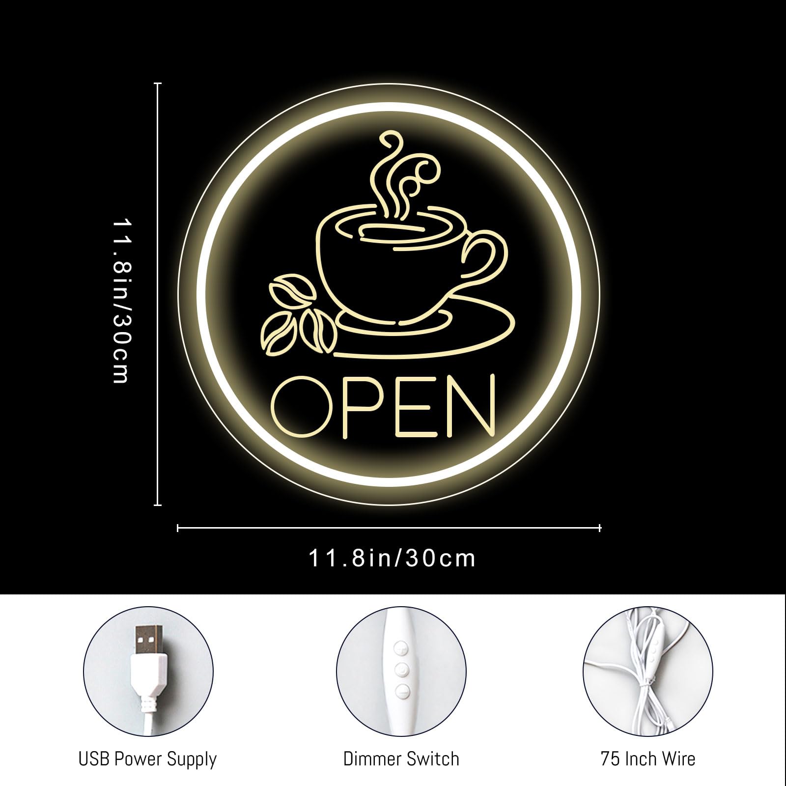 Coffee Open Neonschild Warmweiß „Business Open“ für Café, Laden, Home Bar, Wanddekoration, USB-betriebenes Leuchtschild, Café-Eckdekor, Geschenk für Kaffeeliebhaber