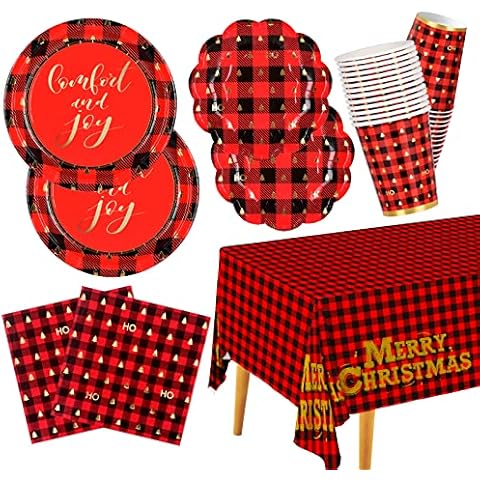 Christmas Buffalo Plaid Tableware Pack Serve 25 Dinner & Dessert Plates, Napkins, Cups, Banner, Tablecloth for Christmas Party Cover