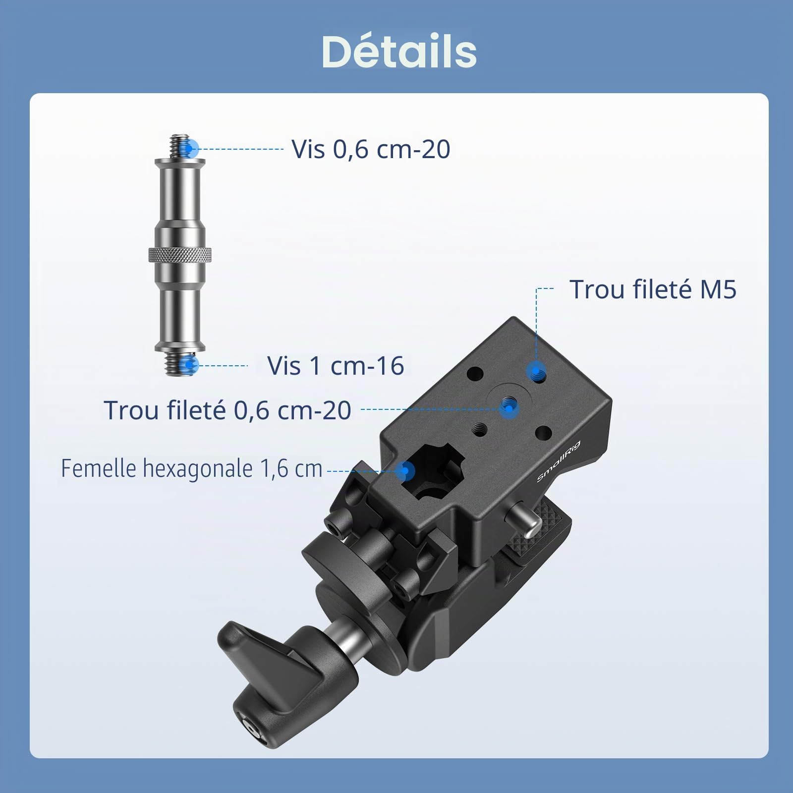 SMALLRIG Kit de pinces haute performance Lot de 2 Charge maximale 15 kg Vis 1/4"-20 et 3/8"-16 Pour studio photo et éclairage vidéo Tubes ronds et surfaces