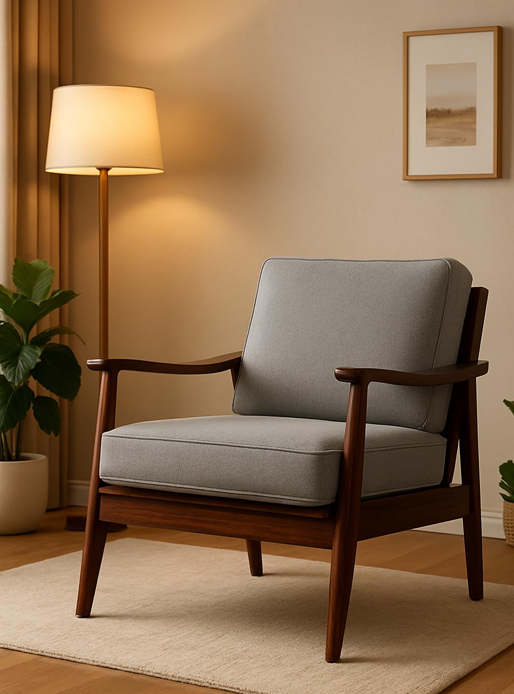 UrbonArts Solid Sheesham Wood Lounge Chair | Mid-Century Accent Chair for Living Room | Wooden Arm Chair with Cushions (Walnut)-image-36
