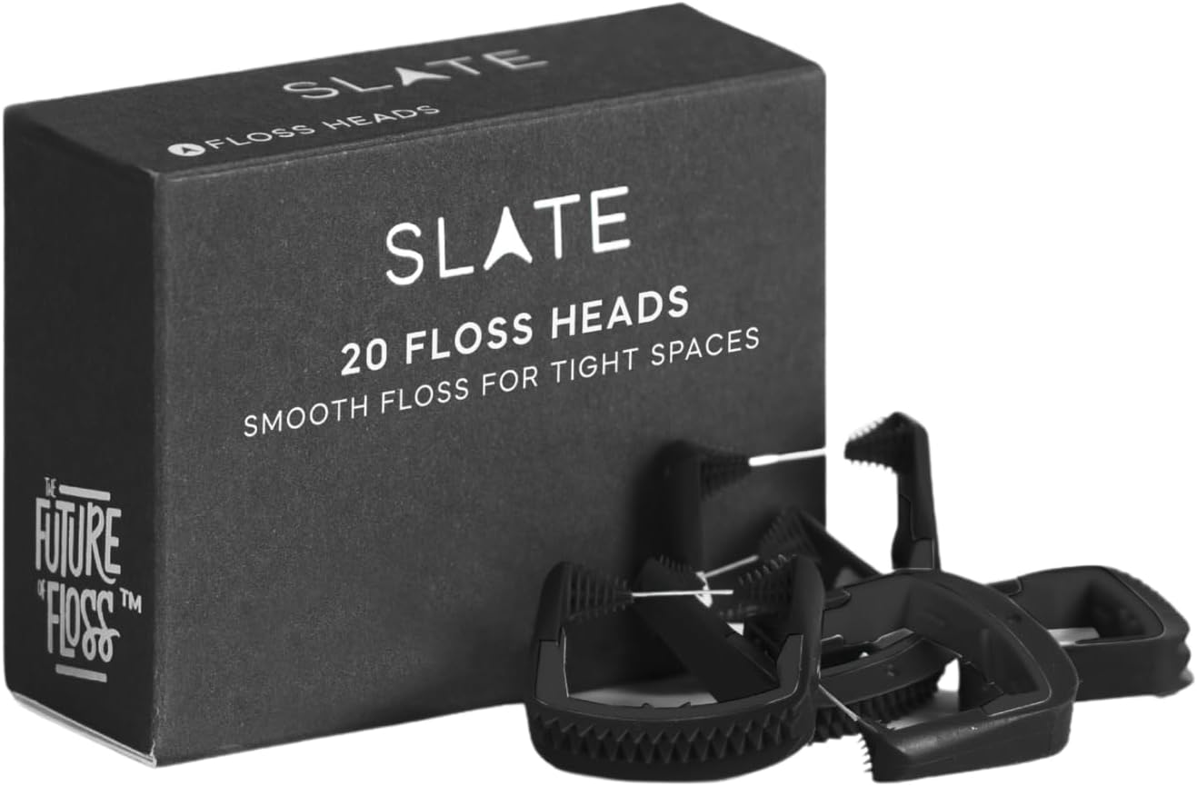 Slate Flosser Refills - Reusable Woven Floss, PFAS-Free, Non-Toxic Dental Floss | Fits Slate Electric Flosser w/Tongue Scraper & Gum Sweeps | 20-Pk Black Smooth Floss Heads