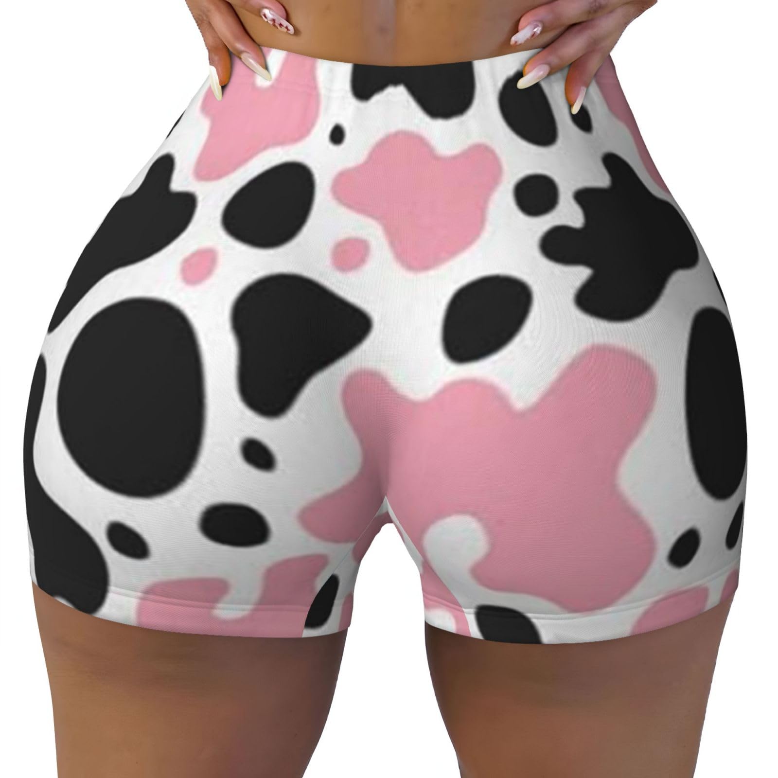 Gratka Women's As Picture Pink Black White Cow Print, Workout Shorts, Stretch Gym Shorts Running Sport,L
