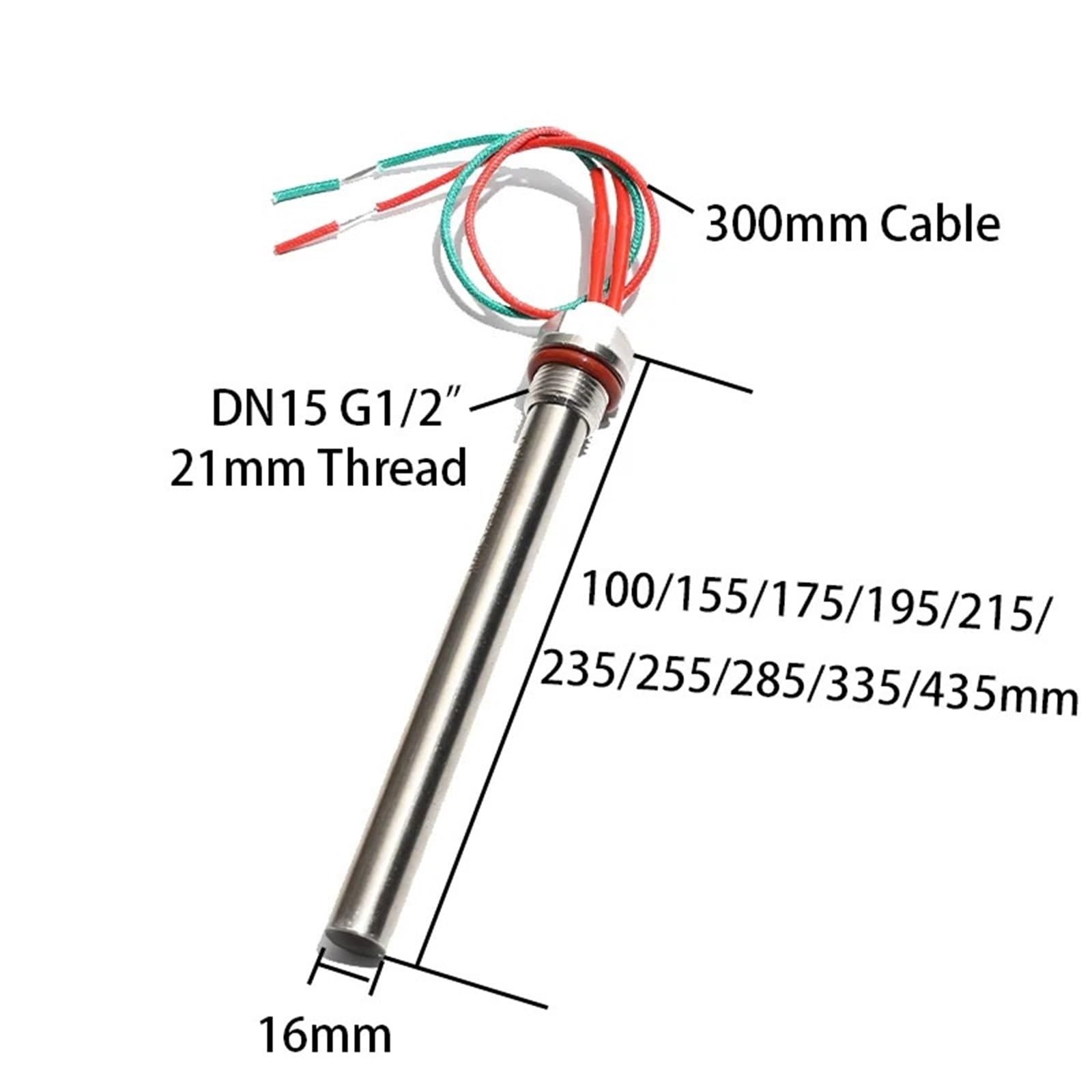 DN15 G1/2" Gewinde Wasser-Tauchheizelement 16MM Heizung SS316 200W 500W 1KW 1St(350W 16x155mm)