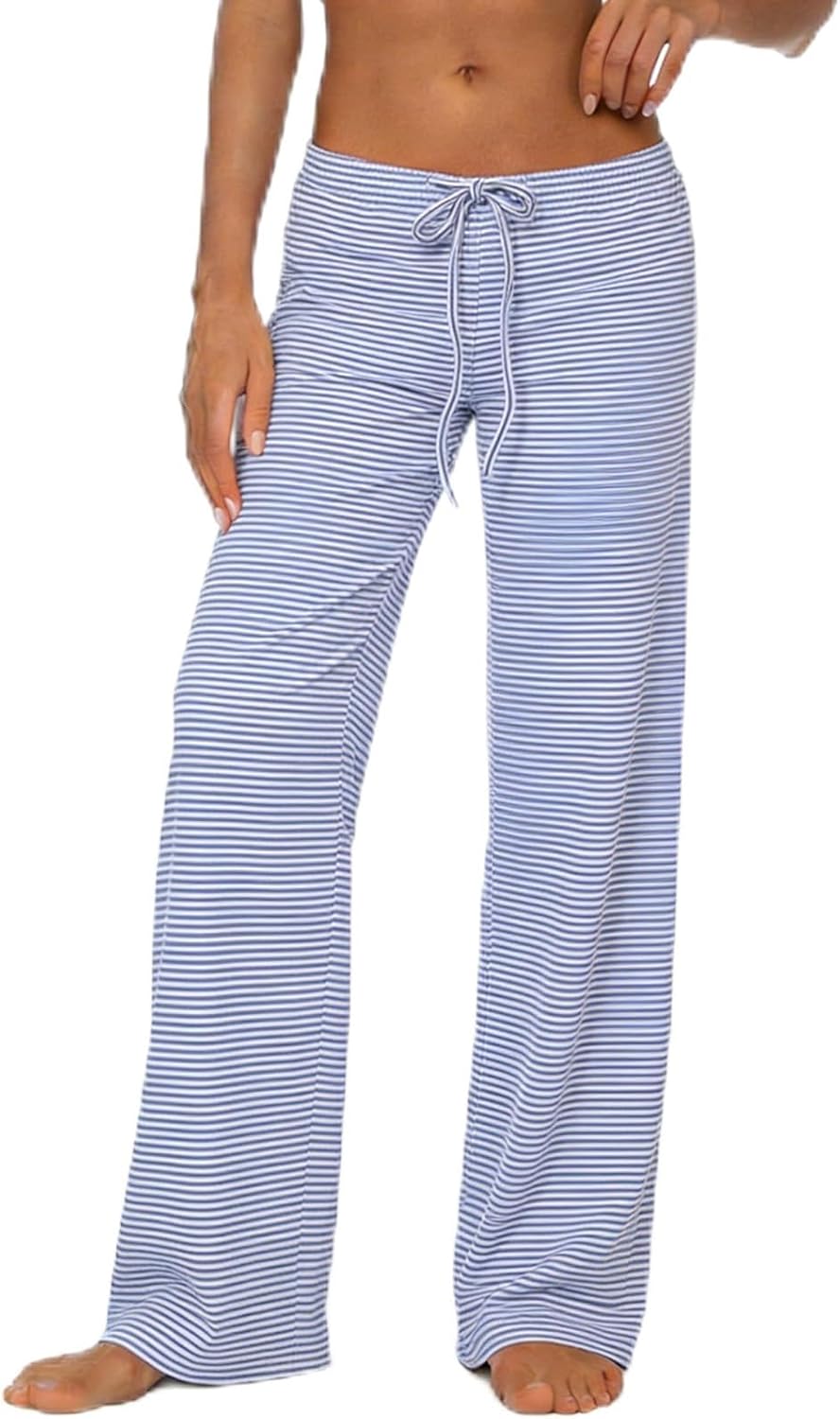 Women's Drawstring Pajama Pants Striped Casual Palazzo Wide Leg Lounge Pants Comfy Sleepwear Trousers