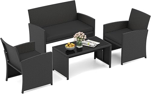 HAPPYGRILL Juego de conversación de mimbre de ratán de 4 piezas, muebles de exterior con silla, sofá biplaza y cojín, para patio trasero, porche,