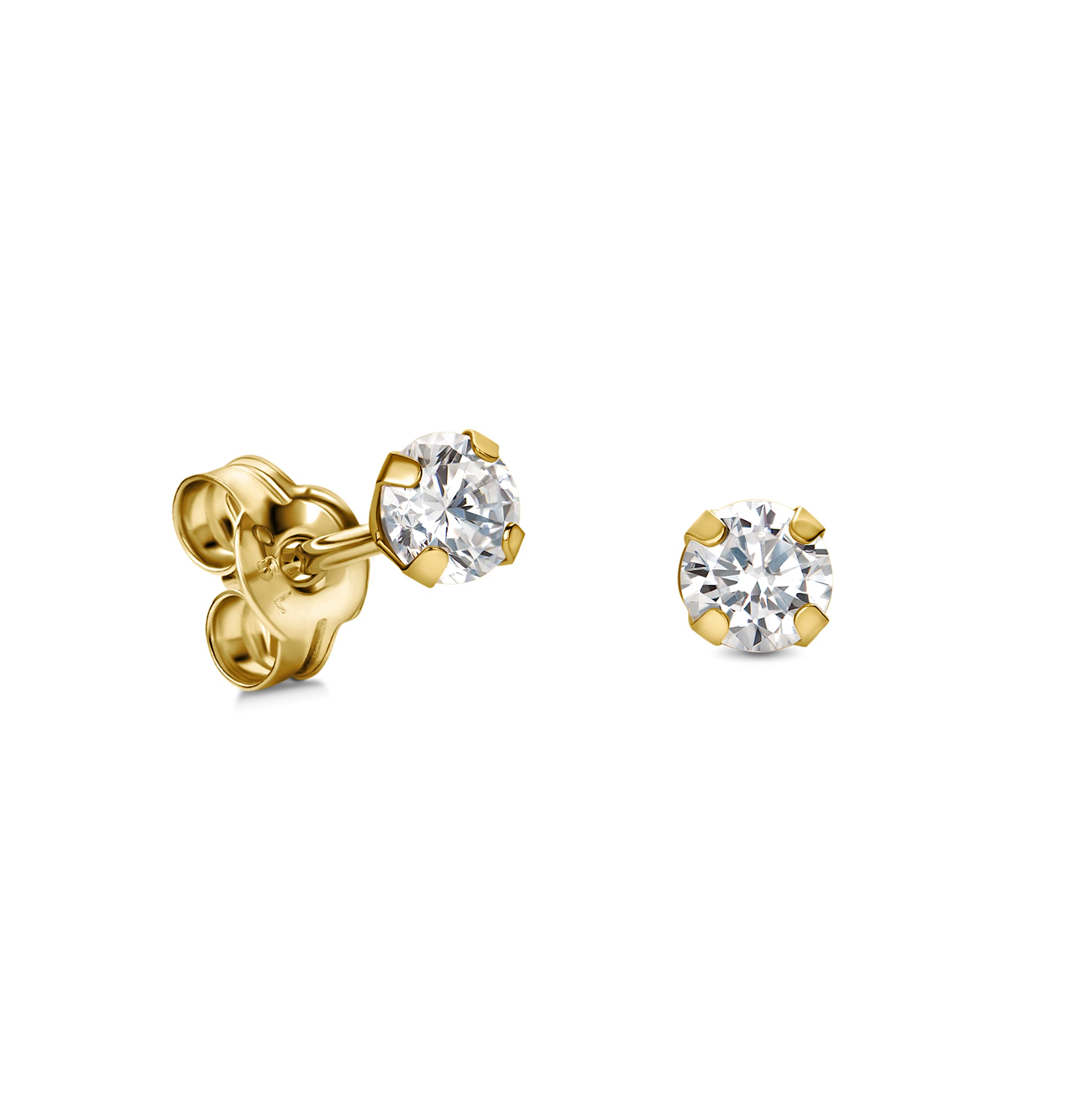 Miore Boucles d'Oreilles Femme, Clous d'Oreilles et Puces, Or 9 ct 375, Zirconia Cubique 0,60 ct, Taille Ronde Serti 4 Griffes 4mm, Fermoir à Papillon, Livré dans une Boîte à Bijoux
