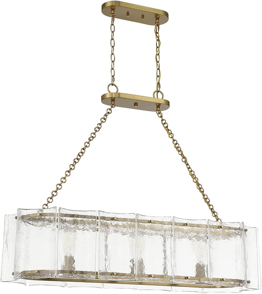 Savoy House 1-8203-3-322 Genry Coastal Farmhouse Clear Water Piastra Glass Linear Chandelier, 3-Light 180 Total Watts, 32" H x 41" L, Warm Brass