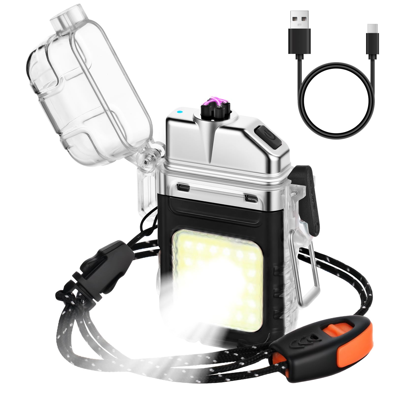 Vicloon Lichtbogen Feuerzeug, Feuerzeug Elektrisch USB Aufladbar, Dual Arc Plasma-feuerzeug mit Taschenlampe, Notfallpfeife und Lanyard, Wasserdicht Winddicht für Wandern, Camping, Survival Kit