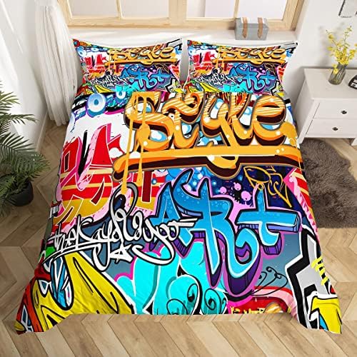 Feelyou Hippie Graffiti Comforter Cover Set Queen Size for Kids Boys Youth Duvet Cover Modern Bedclothes Wall Urban Street Art Bedspread Cover with 2 Pillow Shams Zipper&Ties Personalized