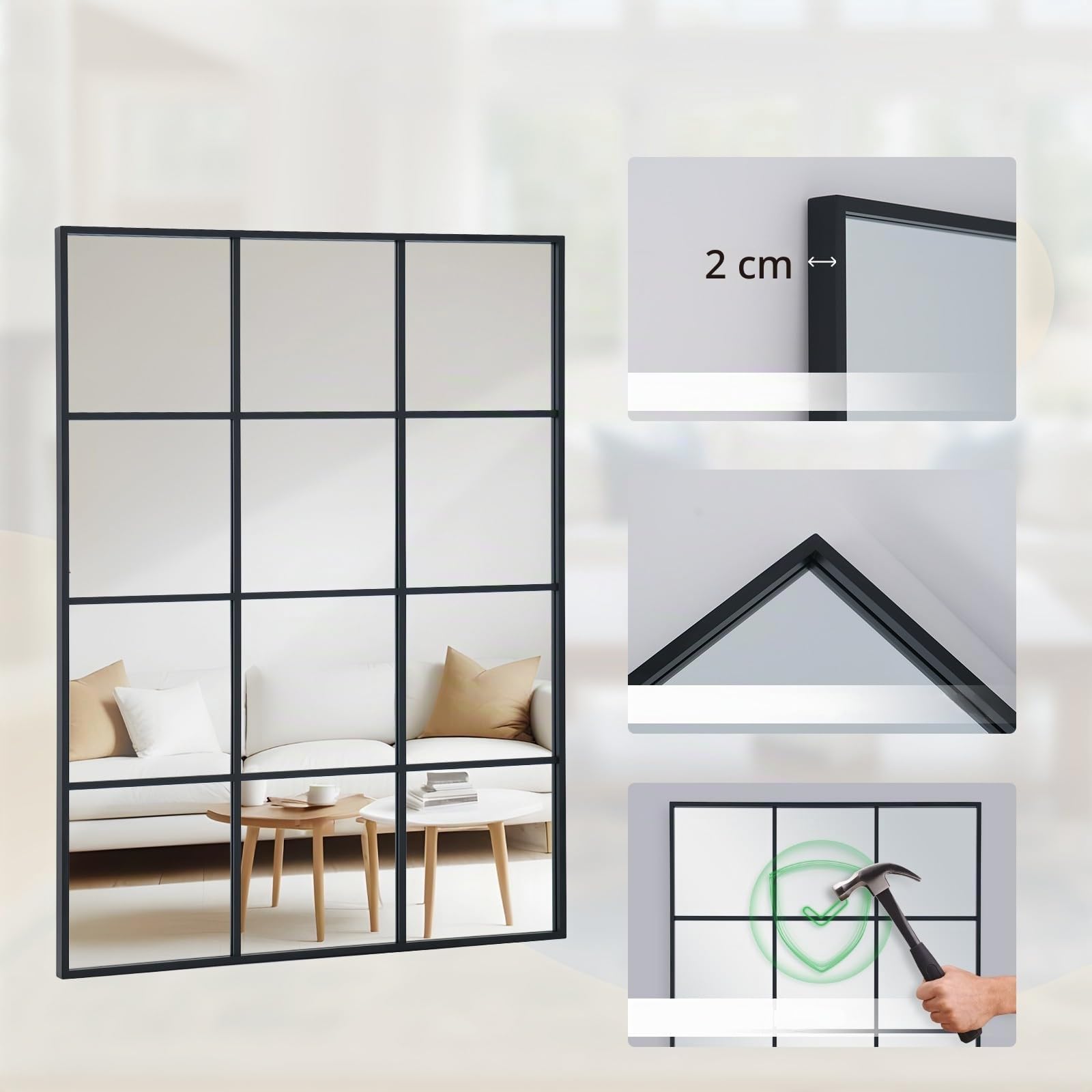 Specchio rettangolare per finestra, 75 x 120 cm, con cornice in alluminio nero, specchio da parete per interni, soggiorno, corridoio, ingresso, esterno, decorazione da giardino