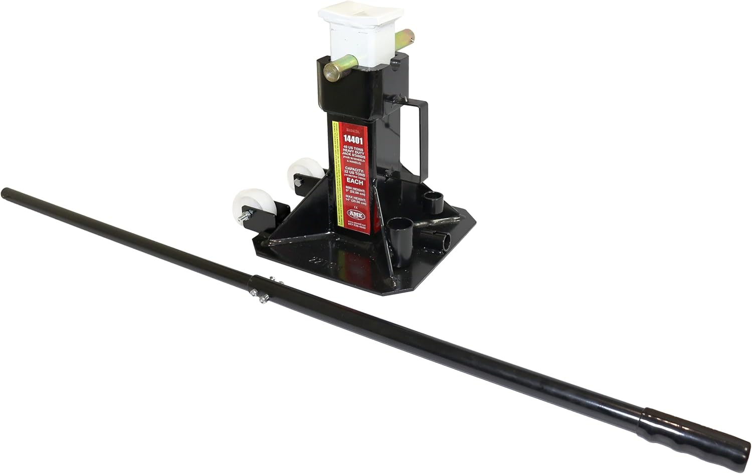 AME INTL 14401 Heavy Duty Jack Stand, 22 Ton Pair, Wheeled with Handle for Easy Maneuver, Min Height 12 Inch, Max Height 20 Inch Pin Style Locking