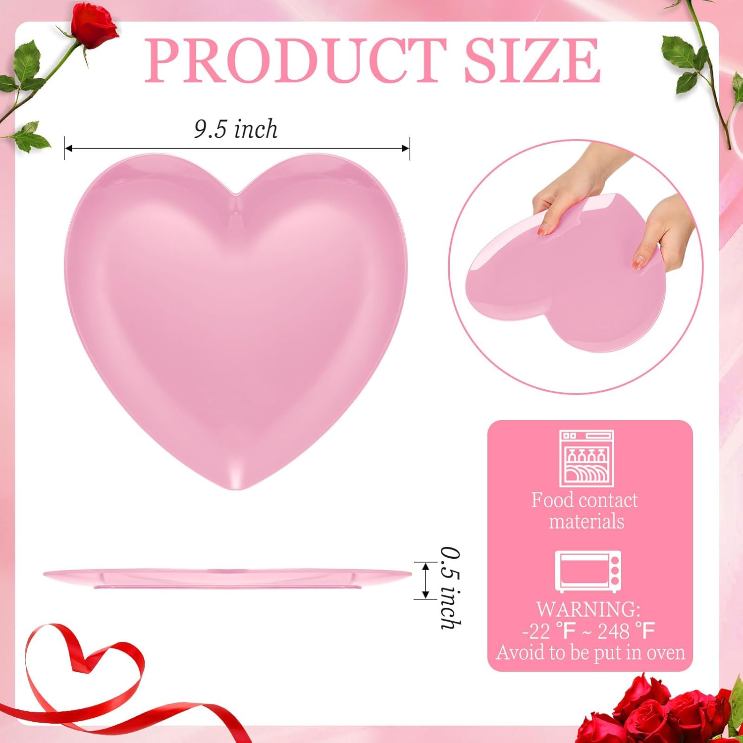 FillTouch 4 Pcs 9.5 Inch Heart Shaped Melamine Plates Dinner Plates Heart Dinnerware Dishes for Valentines, Birthdays, Bridal Showers, Baby Showers (Pink)