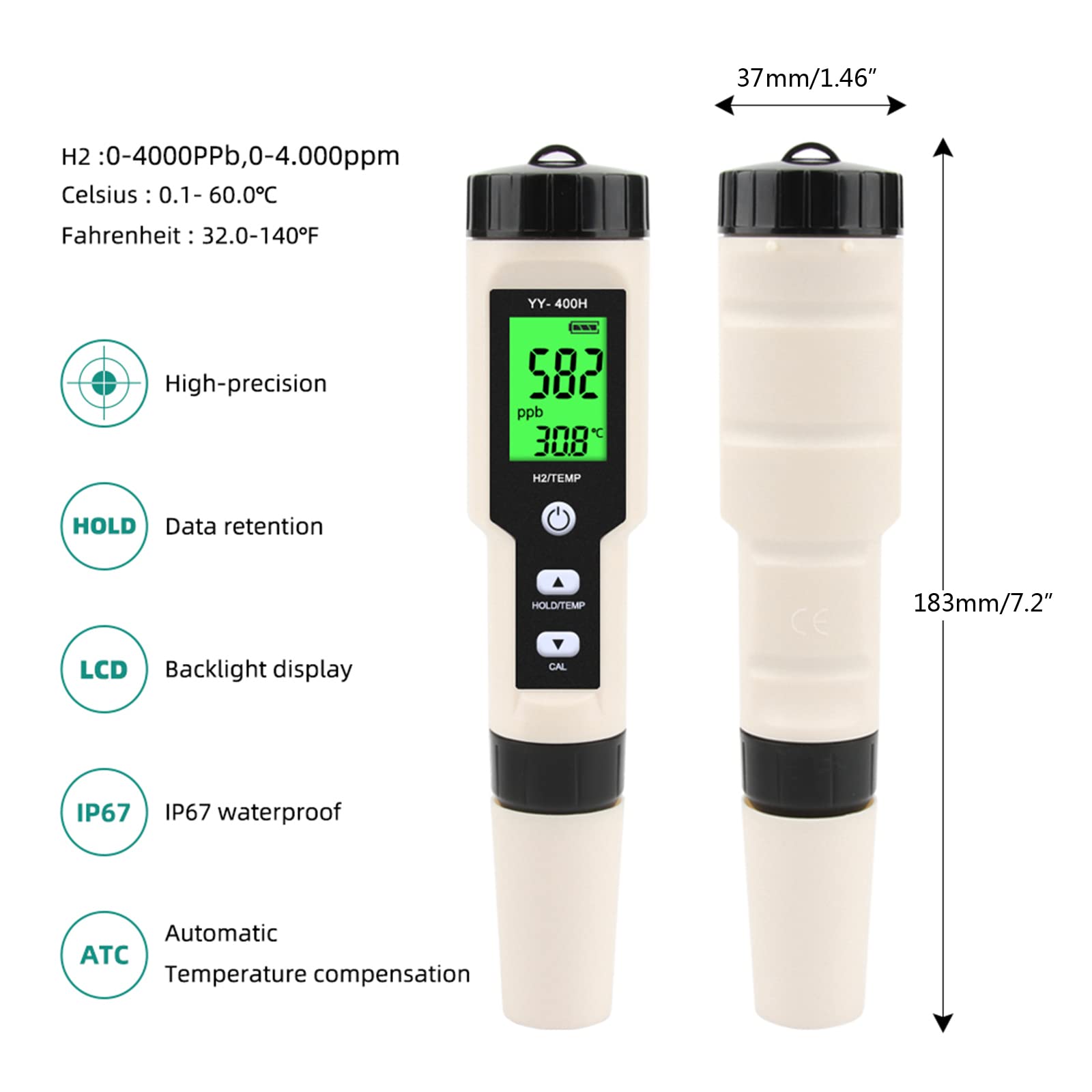 Wasserstoffmessgerät 0-4000 Ppb / 0-4.000 Ppm Wasserstoffgeneratoren Wasserstoffreicher Wassergenerator Datenspeicher Hintergrundbeleuchtung ATC Funktionsmessgerät Wasserstofftester