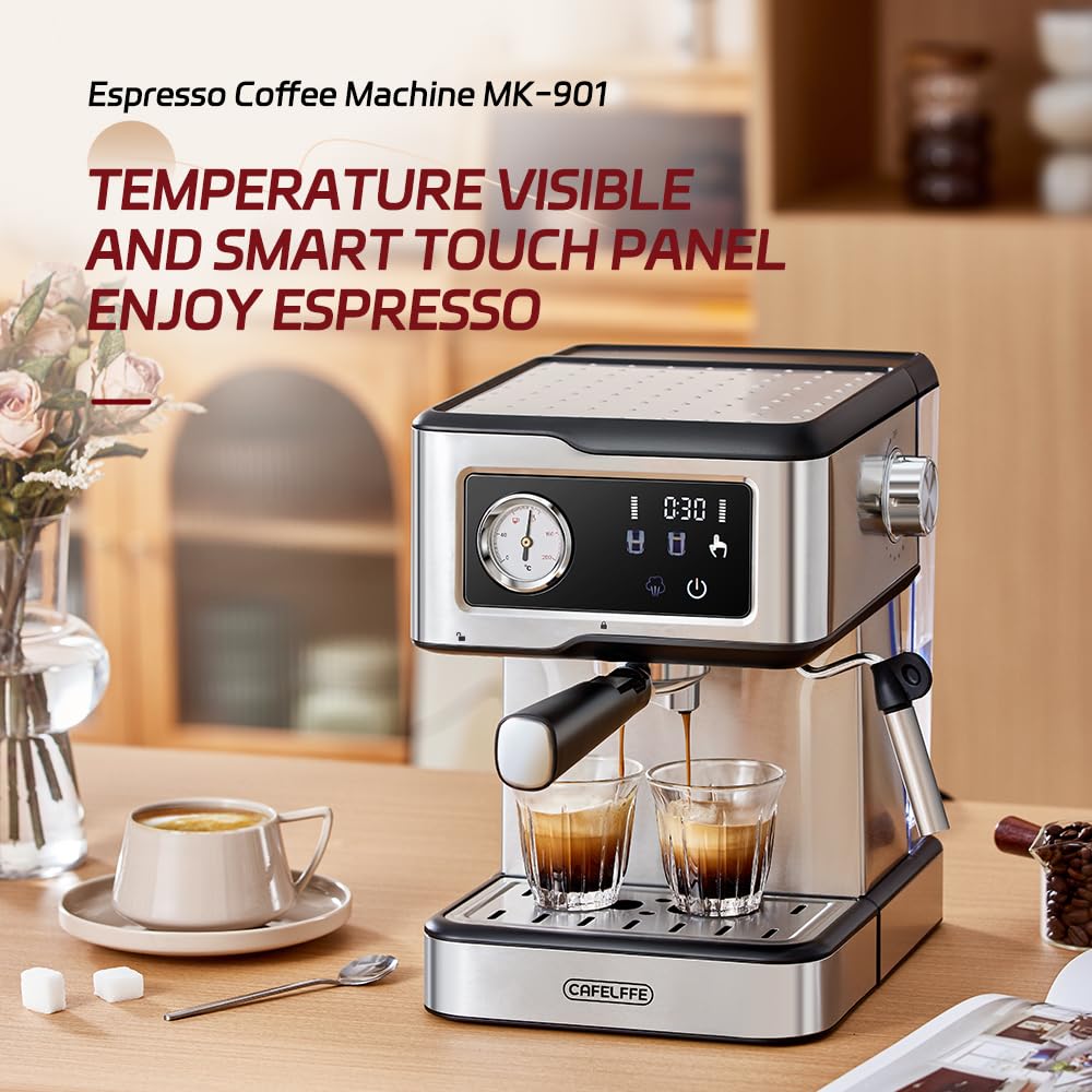 Ekspres do kawy Cafelffe MK-901 z spieniaczem do mleka – 950 W / 1,5 l, pompa 20 barów, inteligentny ekran dotykowy, obudowa ze stali nierdzewnej, mocna para do latte/cappuccino