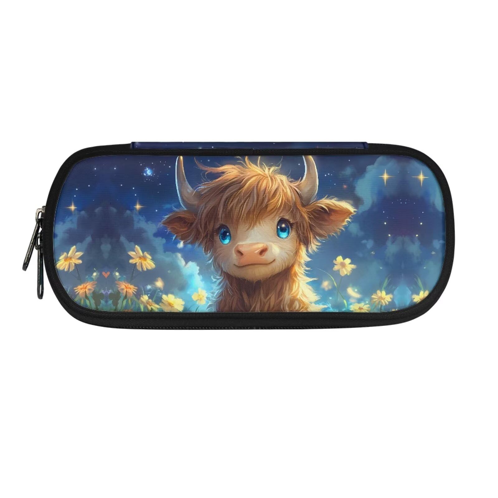 POLERO Highland Cow Pencil Case for Girls Cute Pencil Pouch with Pen Slots Galaxy Floral School Stationery Bag