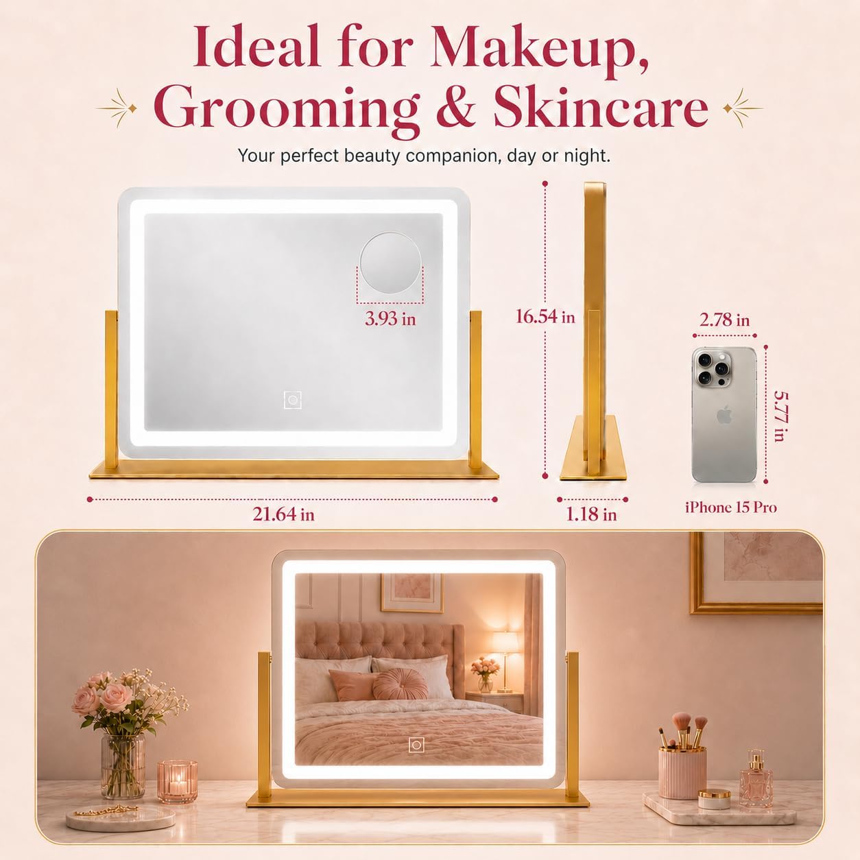 HNV 22"x17" Gold Lighted Vanity Mirror with Power Adapter, 3-Color Dimmable LED Makeup Mirror, Sturdy Aluminum Frame, 360° Rotating Plug-in Desk Mirror for Bedroom Vanity