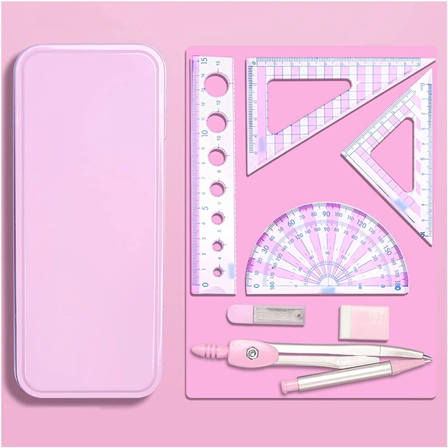 AKAZI Geometrie-Set Winkelmesser und Kompass-Set Kompass Winkelmesser-Set Kompass Schule Mathe-Kompass und Winkelmesser Geometrie-Set 7-teilige Zirkel und Winkelmesser (Color : Pink) (Pink)