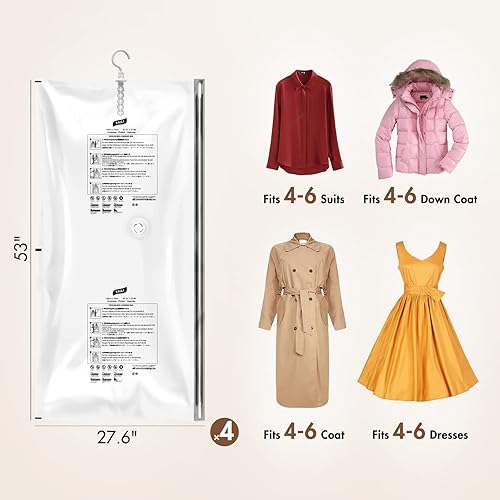 Miniatura 5 de LEVERLOC Bolsas colgantes de almacenamiento al vacío para ropa, transparentes, paquete de 4 bolsas de almacenamiento de sellado al vacío para ropa,