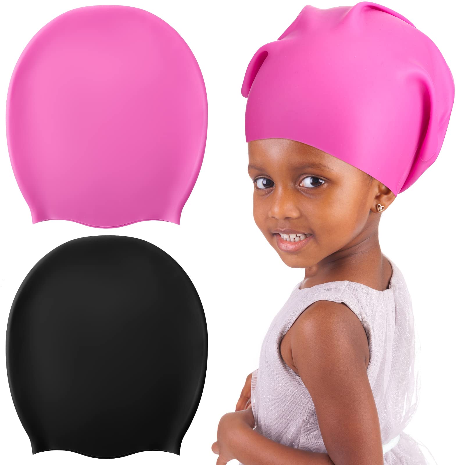 Swimming Cap 2 Pack Silicone Swim Cap for Braids and Dreadlocks Girls Silicone Waterproof Swim Cap Shower Cap for Kids Teens with Long Hair Weaves