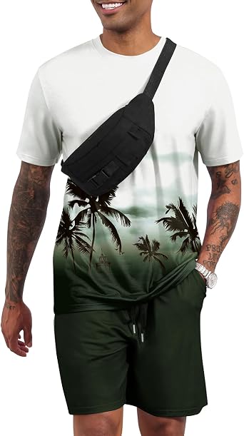 LecGee Men's 2 Piece Short Sleeve Tracksuit Tropical Graphic T Shirt Hawaiian Tee Solid Shorts Set Summer Casual Outfits