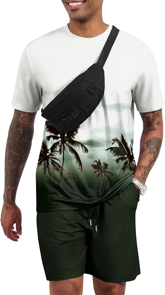LecGee Men's 2 Piece Short Sleeve Tracksuit Tropical Graphic T Shirt Hawaiian Tee Solid Shorts Set Summer Casual Outfits