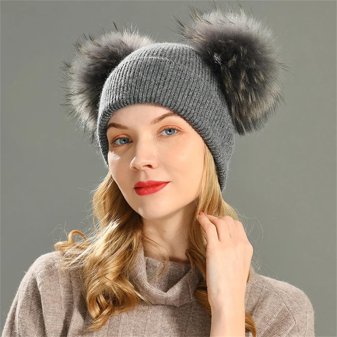 Wvapzxx Gorro Con Pompón De Piel Doble, Gorros De Invierno Para Mujer, Gorros De Lana Tejidos, Gorros, Gorros Para Niñas, Gorro Con Pompón De Dos Pieles