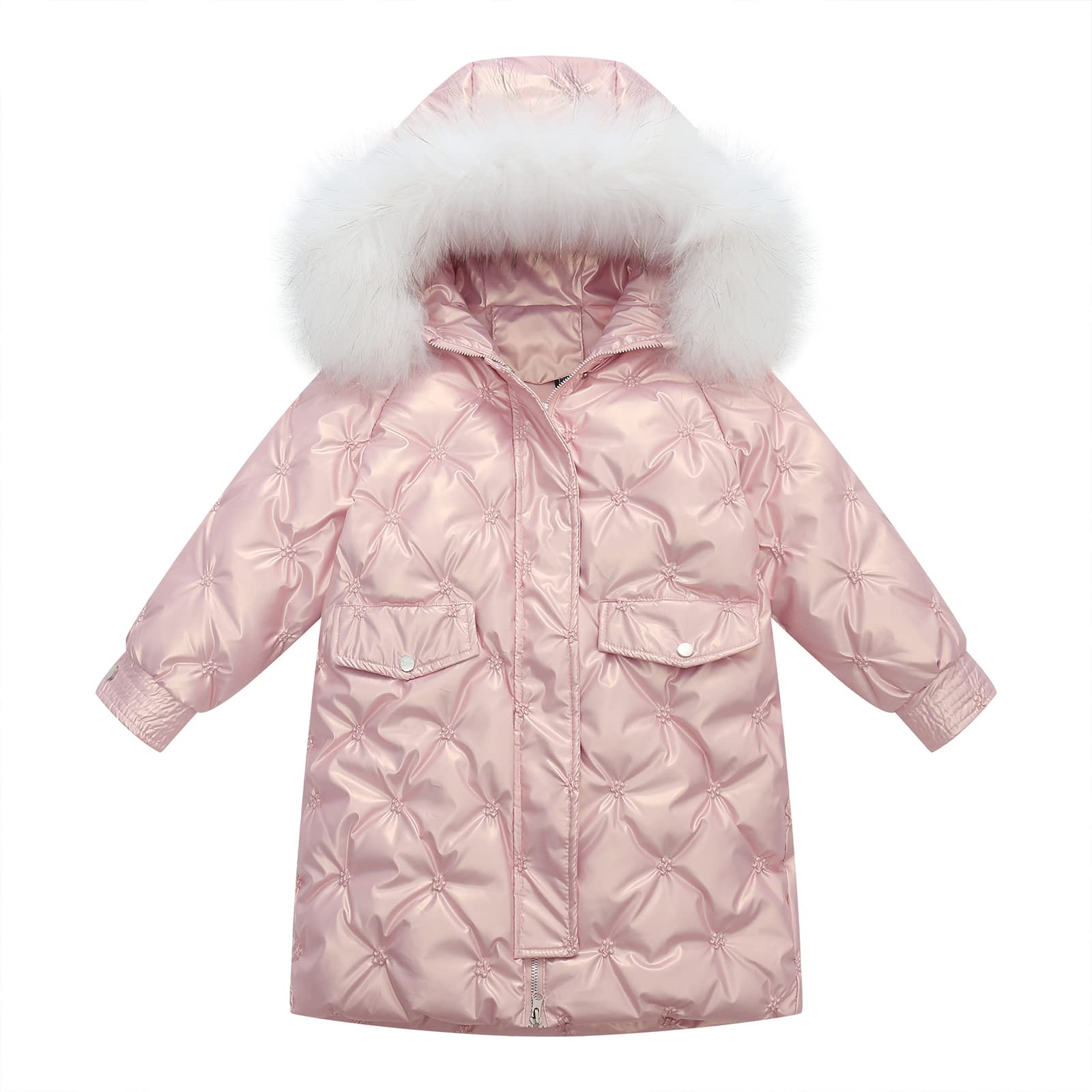 Piumino da Bambina Invernale Bianco Piumino D'Anatra per Bambini Caldo Giubbotto con Cappuccio Stampa Tridimensionale Dolce Ed Elegante,Pink,15(140CM)