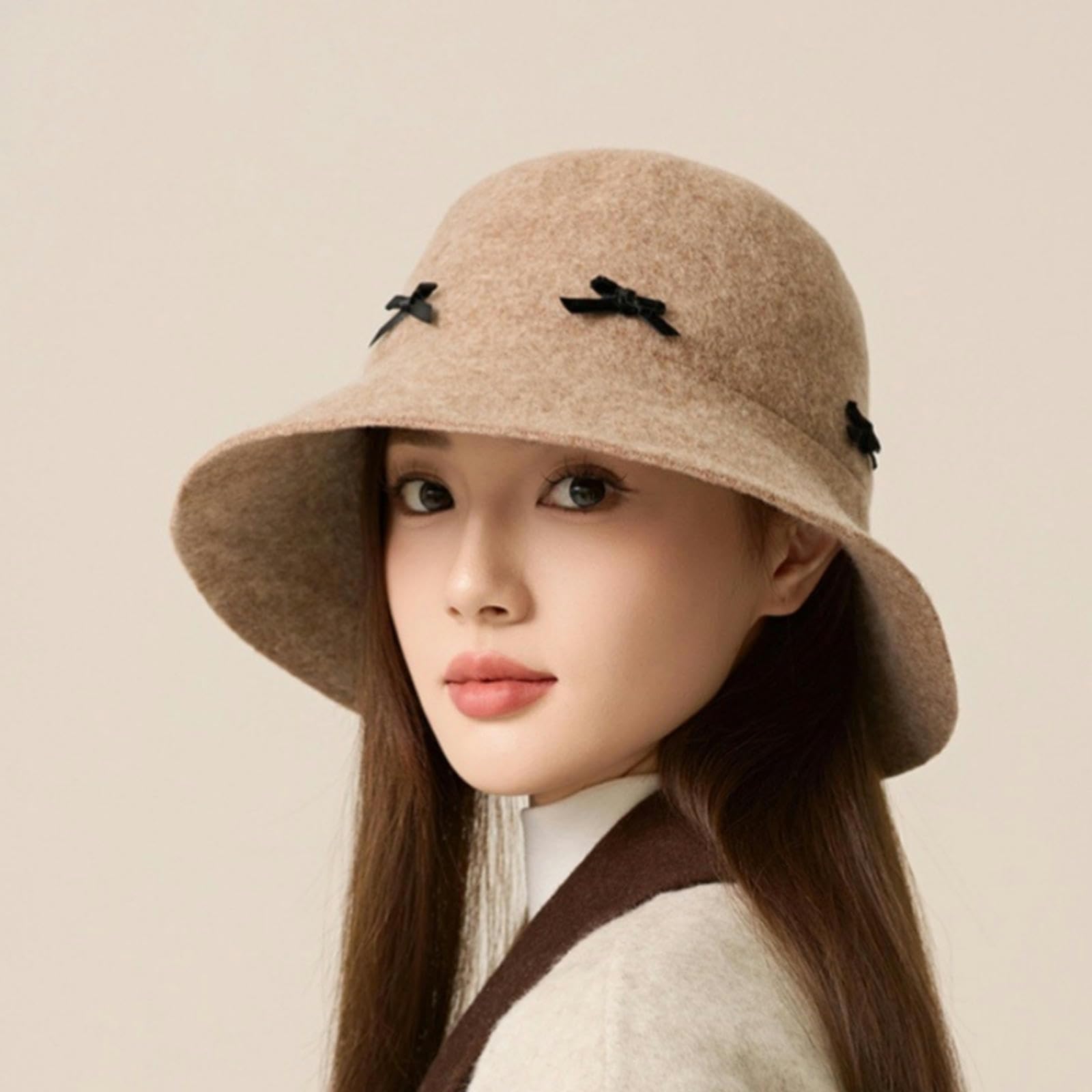 Cappello Cappello da Feltro di Cloche Invernale da Donna, Cappello da Secchio Caldo, Cappello in Pelle Scamosciata Vintage-Brown-b