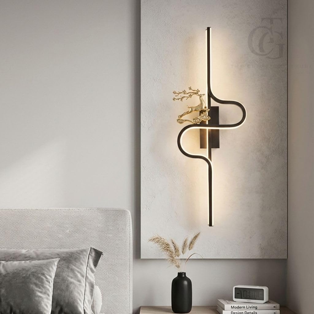 Luxury LED Wall Sconce with Decorative Deer Accent|Modern Lateral Curl Wall Light for Living Room, Bedroom & Hallway|Black