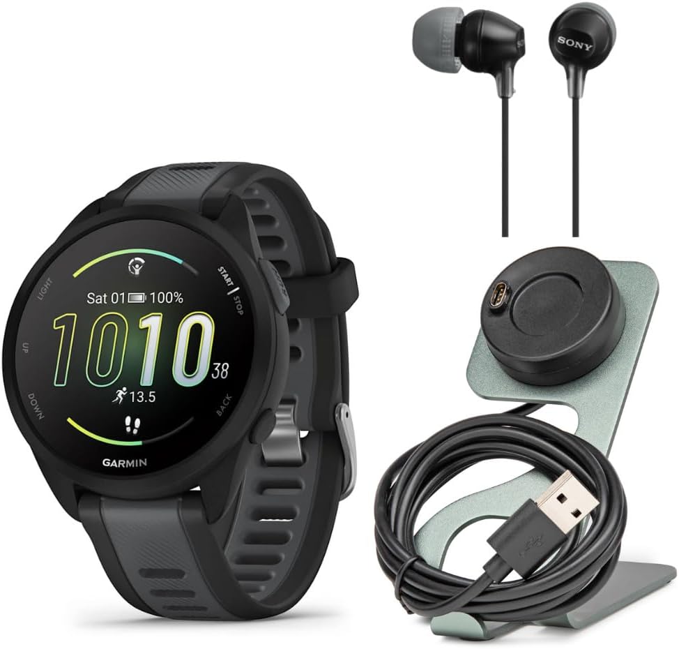 Garmin Forerunner 165 Music GPS Running Smartwatch (Black-Slate Gray) Bundle with Focus Camera Charger Stand for Garmin Smartwatches and in-Ear Earbud Headphones (Black) (3 Items)