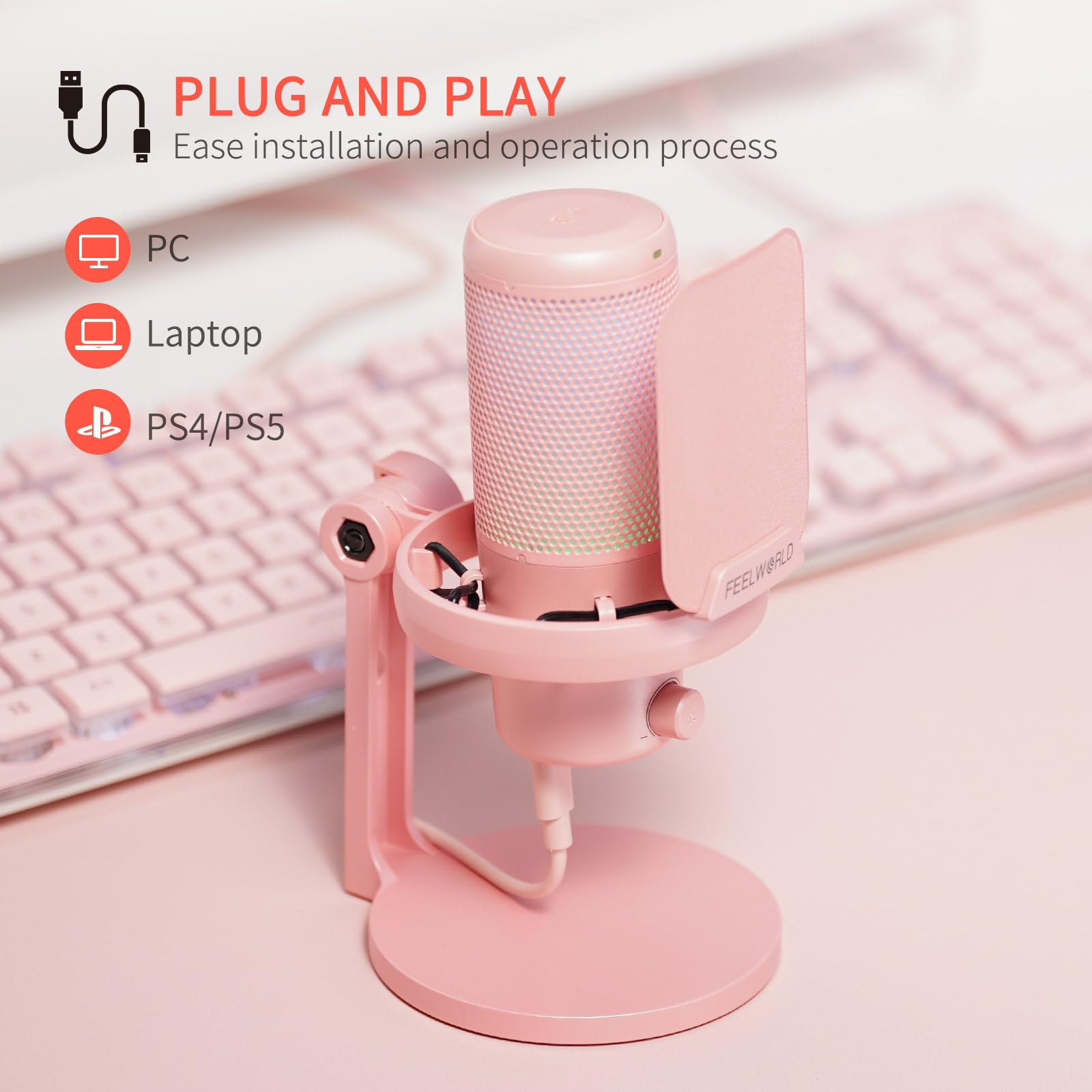 FEELWORLD VM1 Rosa Gaming PC USB Microfono a condensatore con cancellazione del rumore Mute RGB Light, Accessori per computer per Gamer YouTube Twitch Podcast Streaming Registrazione Online Chat