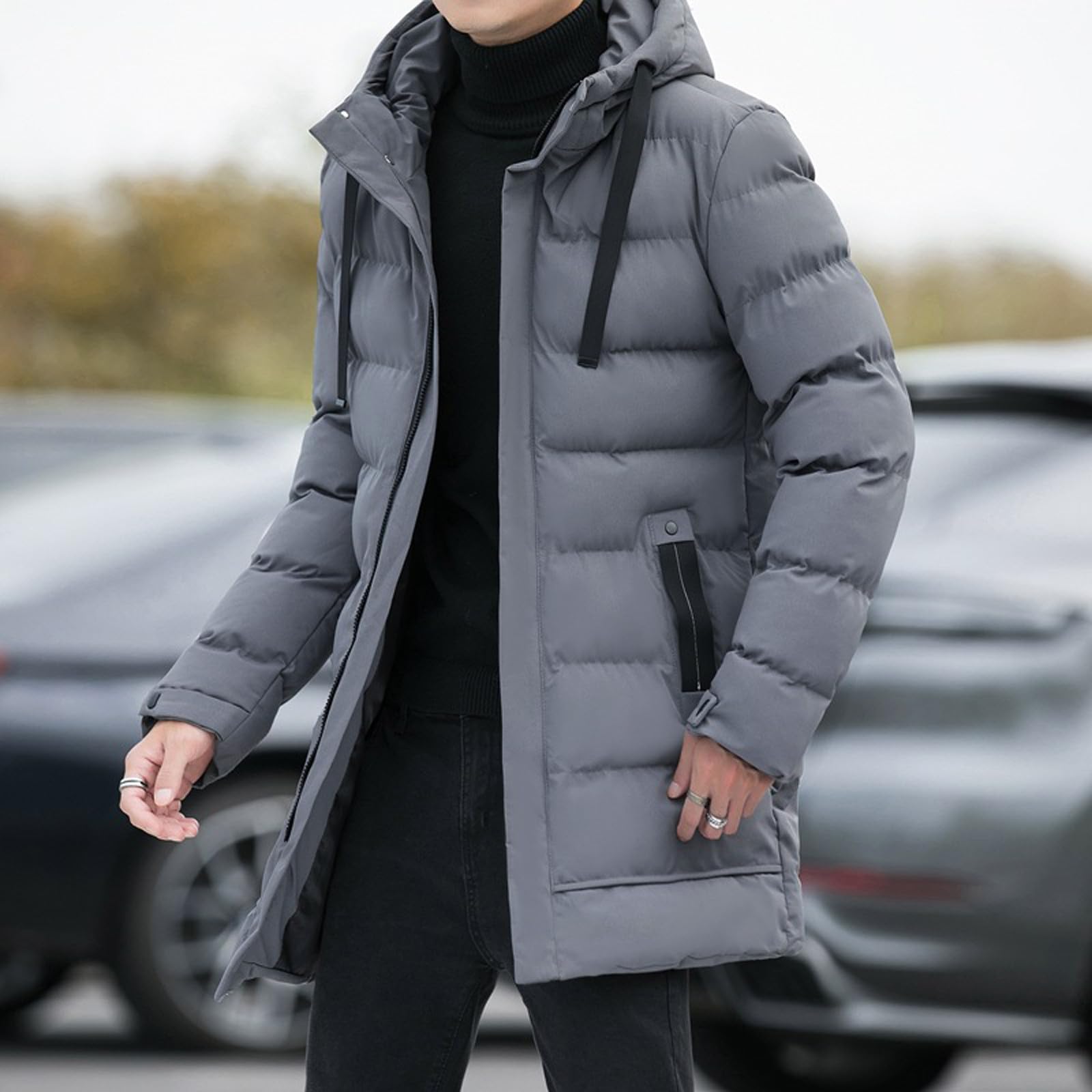 Cappotto lungo trapuntato da uomo, cappotti da uomo con cappuccio, piumini, caldo, antivento, cappotto invernale da uomo, piumino, giacca con cerniera