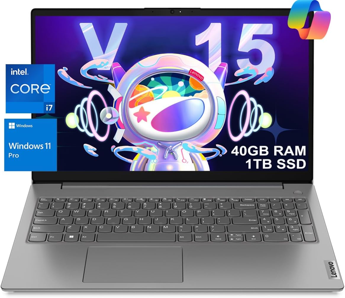 Lenovo Laptop V15 for Business, Home, Student (15.6" FHD Anti-Glare, Intel i7-1255U, 40GB RAM, 1TB SSD), Numeric Keypad, Webcam w/Shutter, Type-C, RJ-45, Wi-Fi, Win 11 Pro w/AI Copilot, Grey