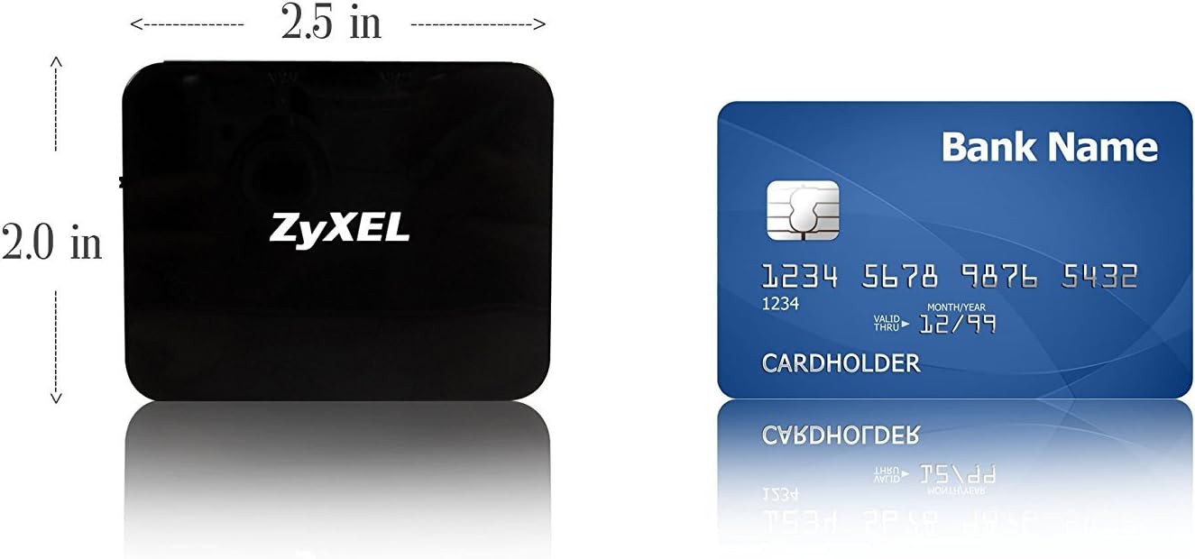 Size comparison of ZyXEL MWR102 router next to a credit card