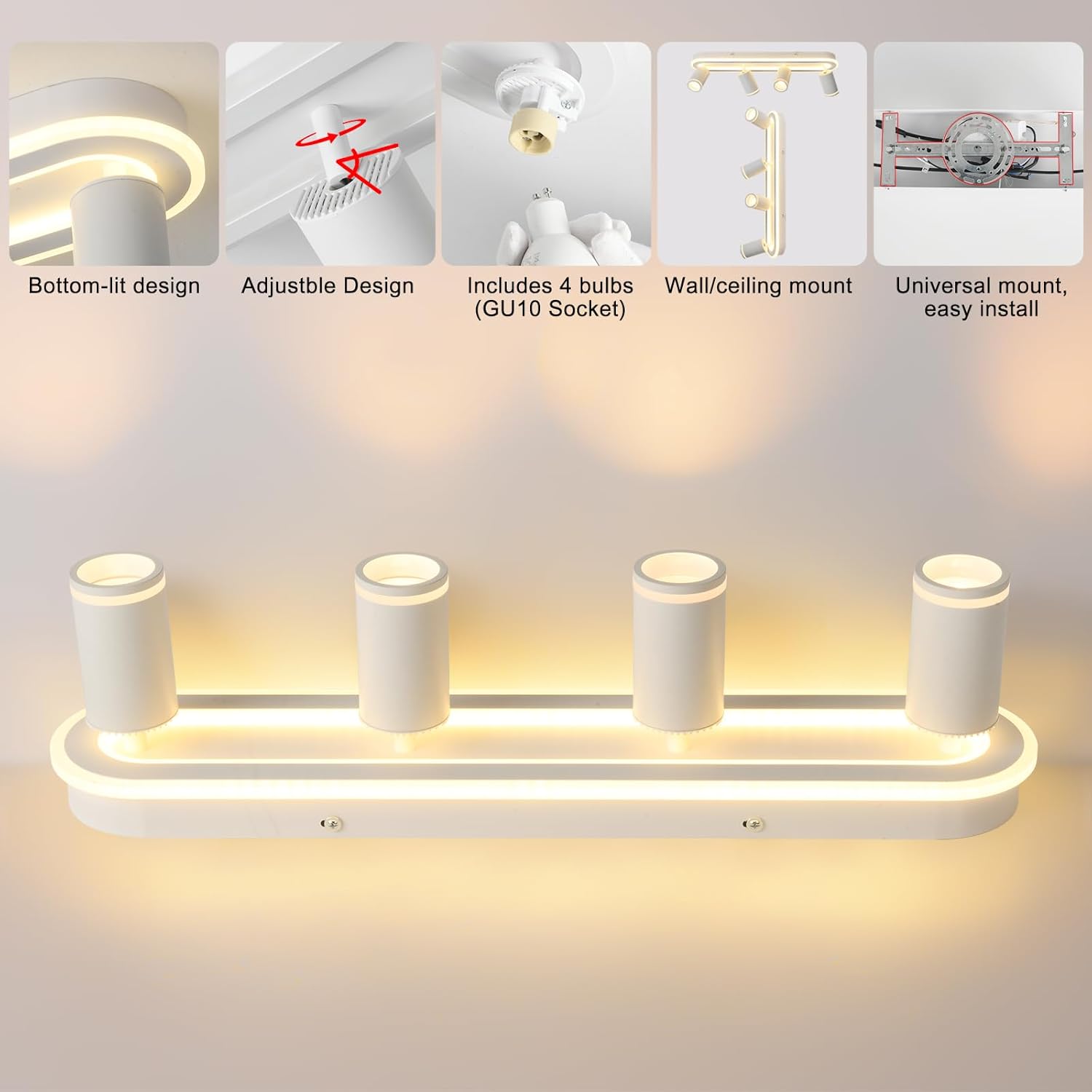 LED 4 Light Track Lighting Spotlight Kit, White Ceiling Spotlights, Modern Track Light Fixture with Flexibly Rotatable Light Heads, 50W+20W Dual Lighting for Kitchen Living Room,Includes 4 x GU10 Bulb