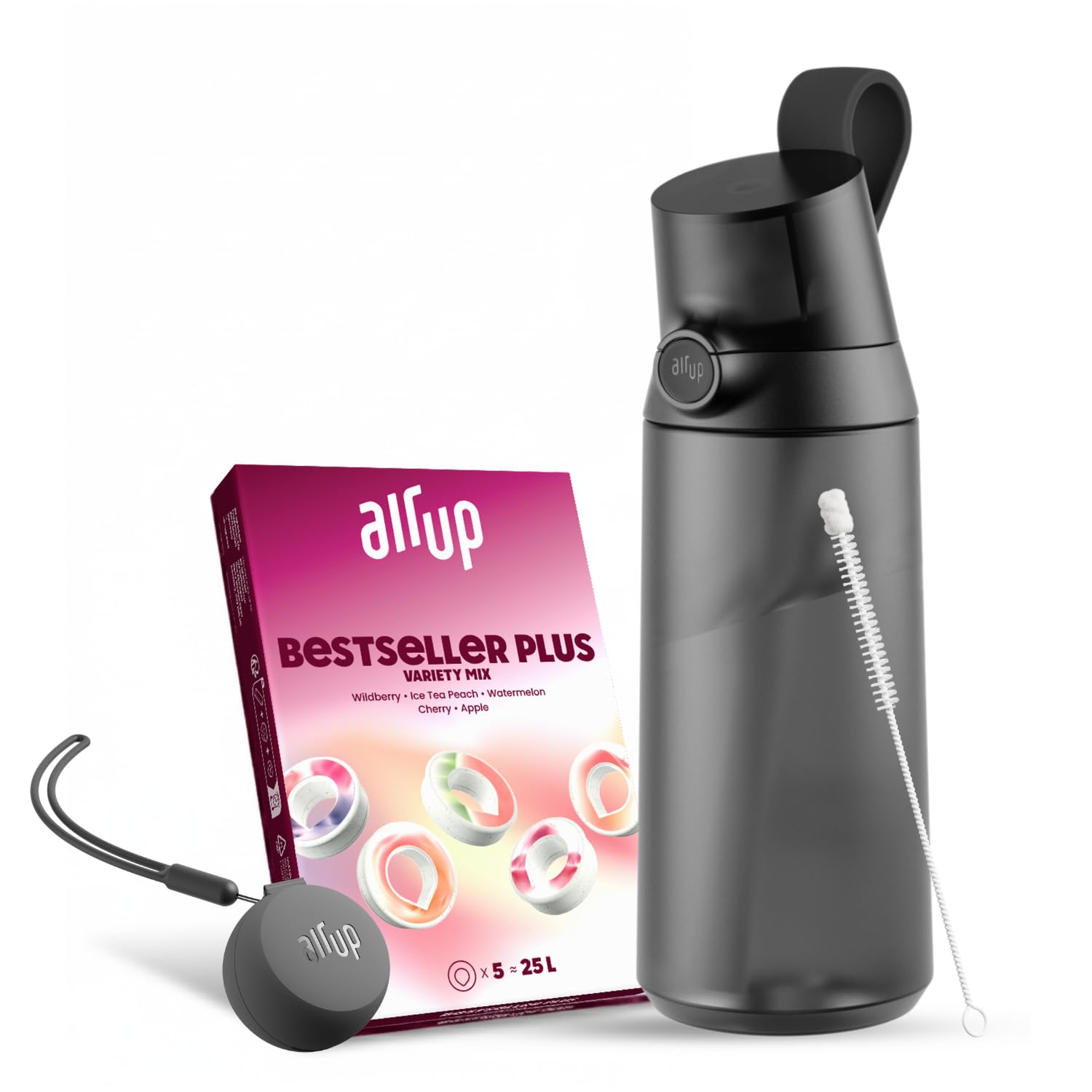 air up Click Trinkflasche Midnight Black 600 ml - Starter-Pack mit 5 Kapseln, Strohhalmbürste und Twogo-Etui in Schwarz | Zuckerfrei, BPA-frei