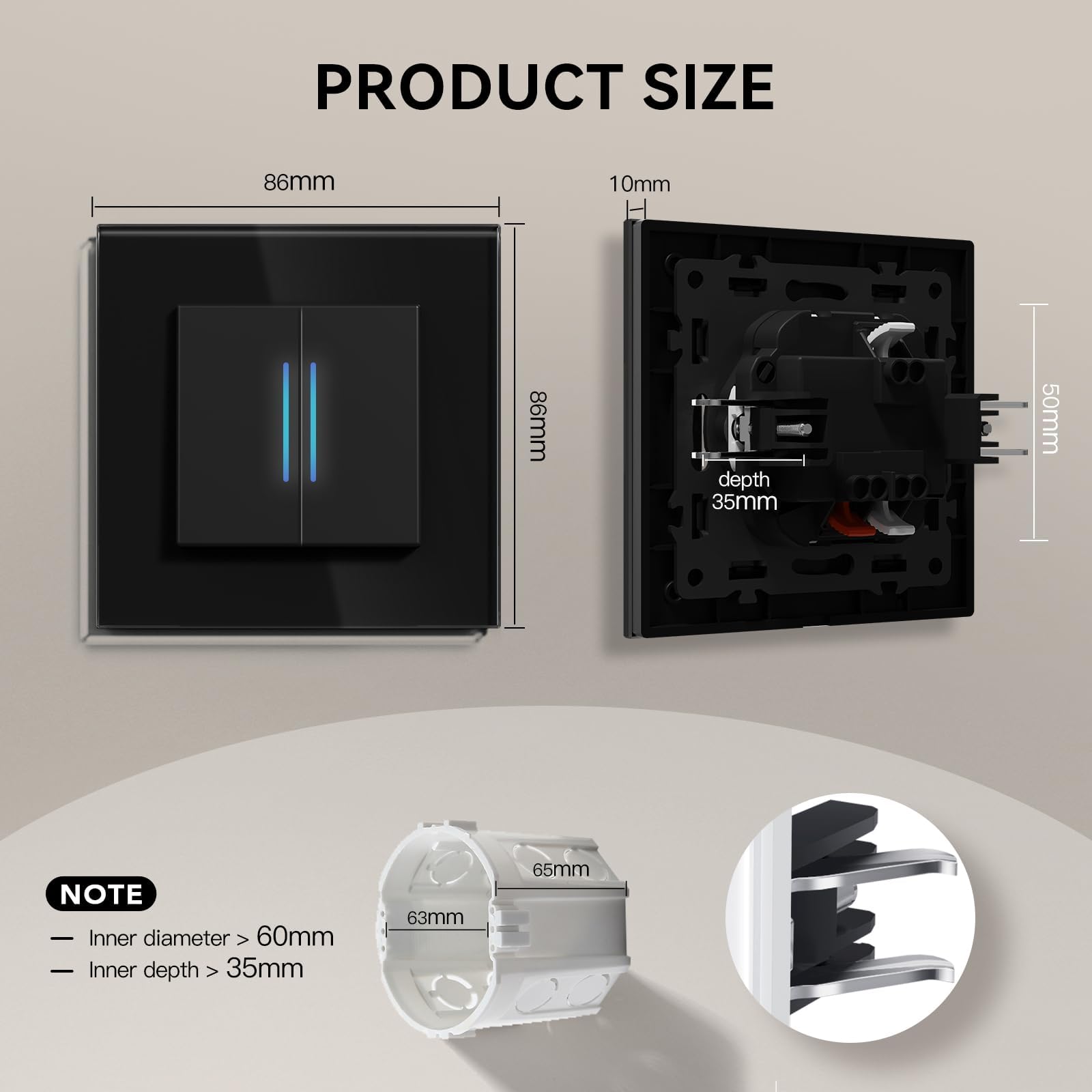 BSEED Light Switch with Led Indicator,Glass Wall Toggle with Grappling Hook,Easy Installation,E-Series,2 Gang 1 Way,86mm Black - Image 4