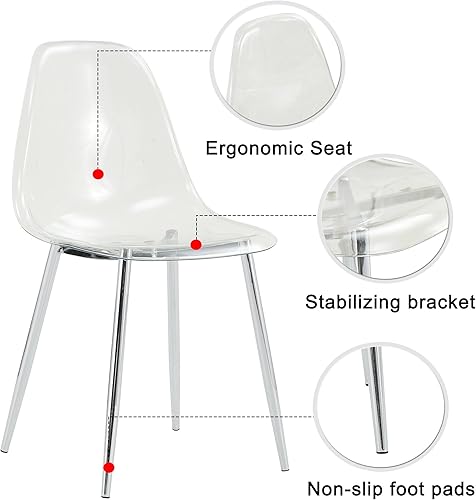 Miniatura 3 de Juego de 6 sillas de comedor, sillas de acrílico con asiento transparente en forma de cuchara, sillas de comedor transparentes con patas de metal