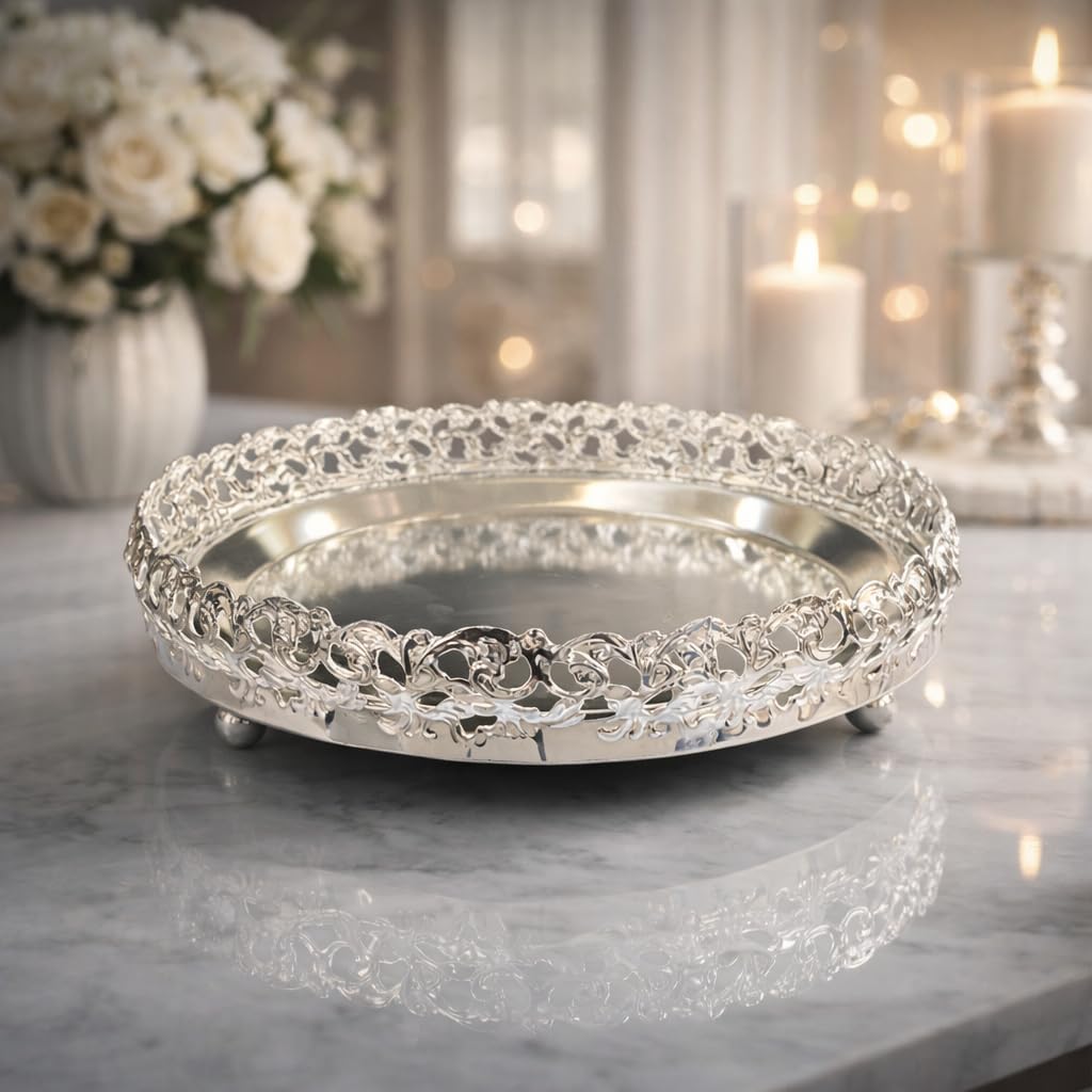 German Silver Decorative Serving Tray (8, 9 & 10 Inch) | Premium Engraved Design | Multipurpose Serving Plate for Kitchen, Home, Parties & Pooja (Height 2 Inches) (8 Inches)-image-33