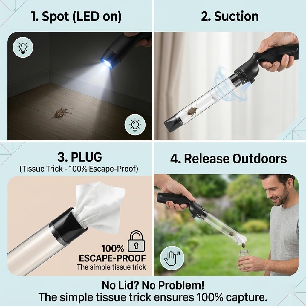 2026 Vacuum Bug Catcher Spider Vacuum Catcher,Handheld Bug Suction Trap with LED Light,Secure for Kids & Adults,Pest Control for Spiders,Stink Bugs,Moth,Cockroaches & Ants
