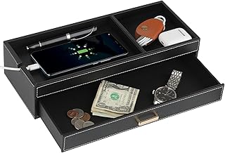 HofferRuffer Valet Jewelry Tray Organizer with Drawer, Faux Leather Storage Catchall Box Phone Charging Station Tray with Dresser Nightstand Desktop Drawer Organizer (Black)