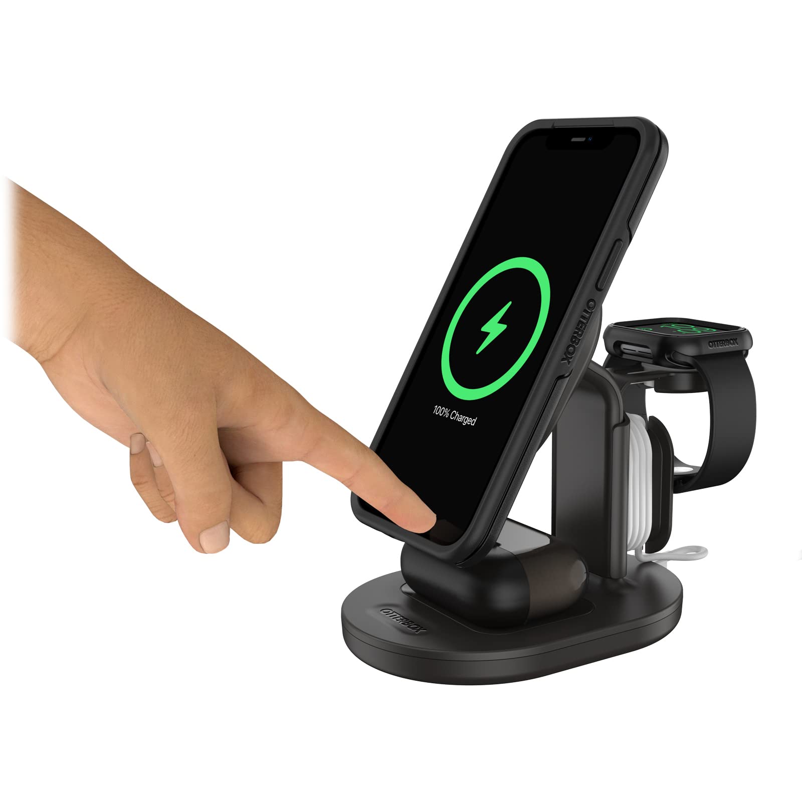 OtterBox Support de Charge 3-en-1 MagSafe, Noir | Station de recharge au design élégant et léger, alignement et fixation avec avec MagSafe pour iPhone, AirPods et Apple Watch