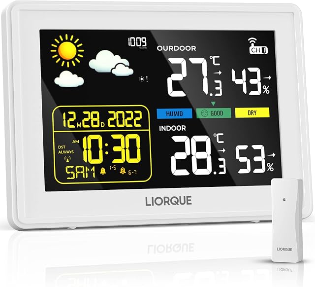 LIORQUE Weather Stations with Outdoor Sensor Wireless Weather Stations for Home Garden, MSF Digital Clock, Barometer, Temperature, Humidity Monitor, Date, Weather Forecast